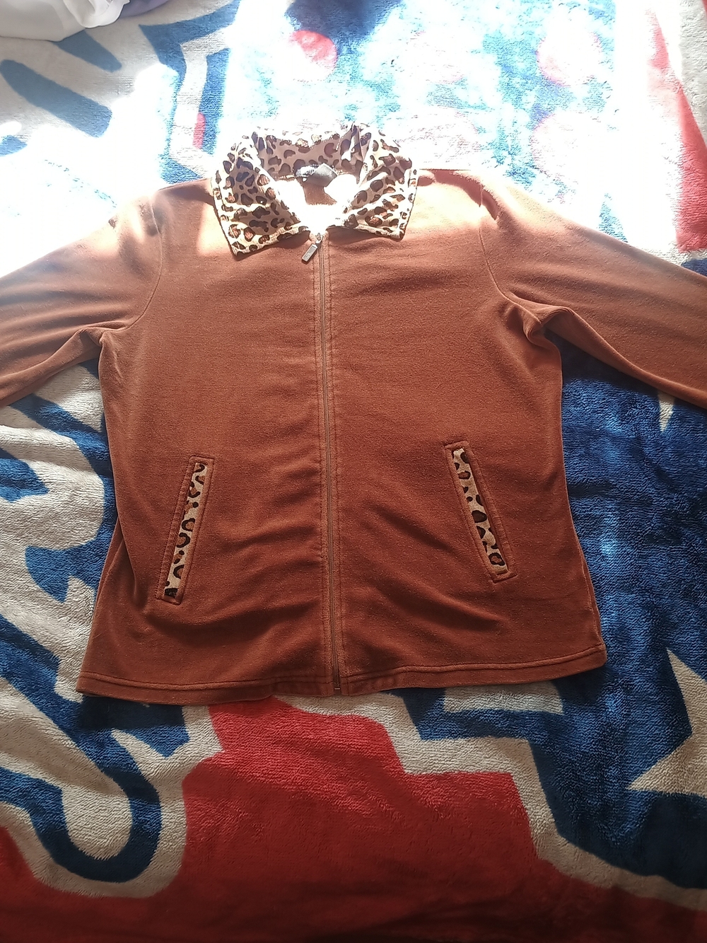 metrostyle Brown Women's Zip Front Sweater with Leopard Trim